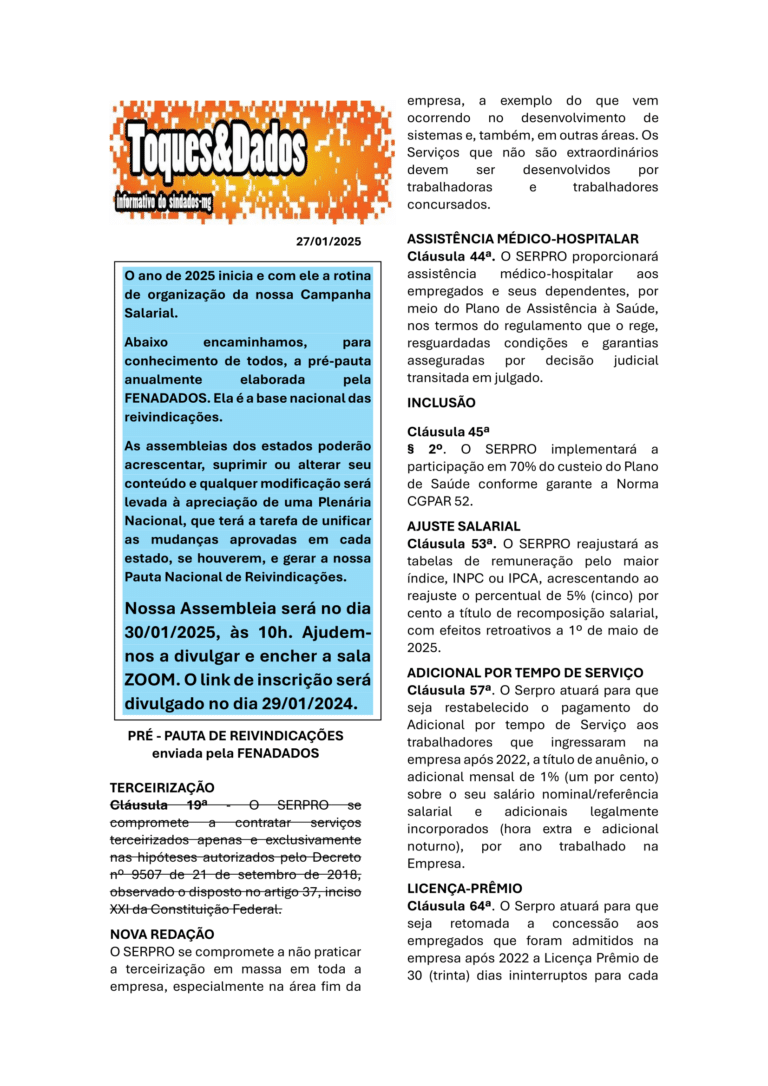 Print da página 1 do boletim Toques & Dados - 27/01/2025 para ler seu conteúdo acesse o PDF abaixo